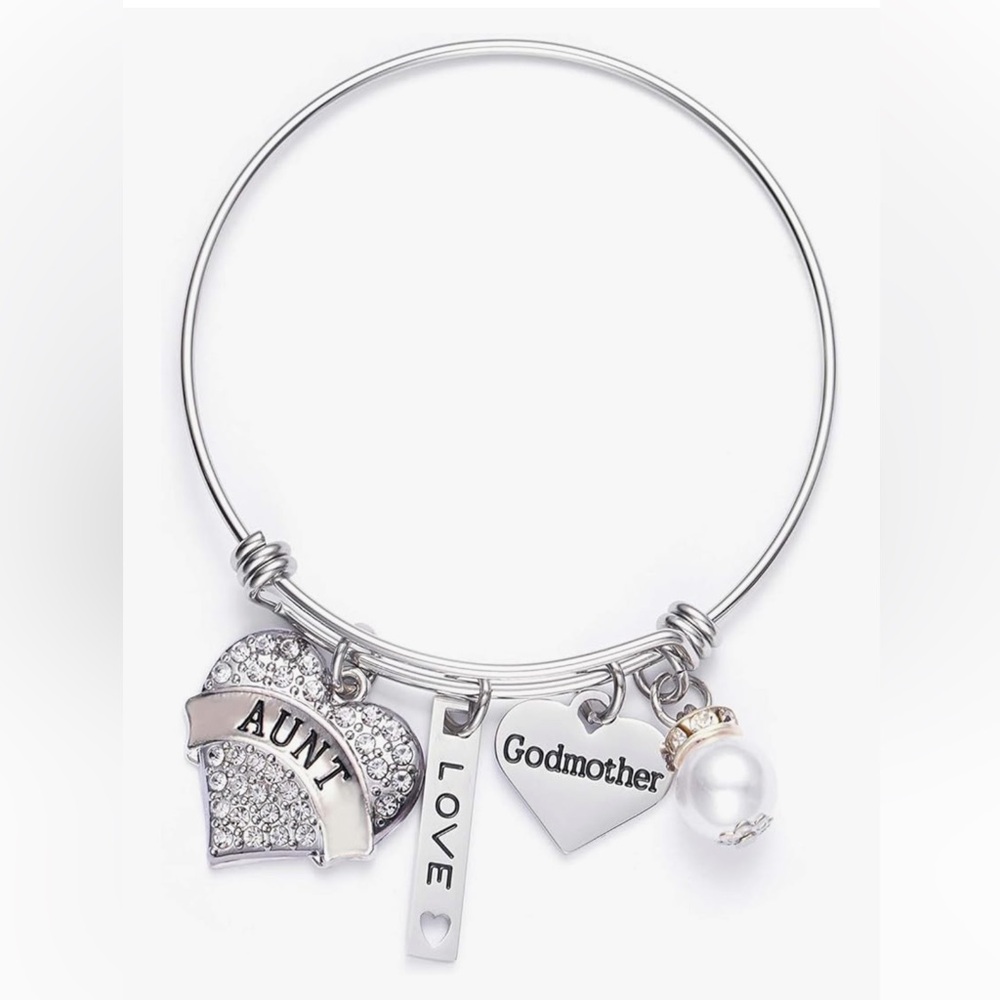 Aunt & Godmother Silver Charm Bangle Bracelet with Pearl Accent
